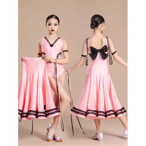 Pink lace back with bow Competition ballroom dance dresses for Girls kids waltz tango flamenco dance long swing skirts for Children